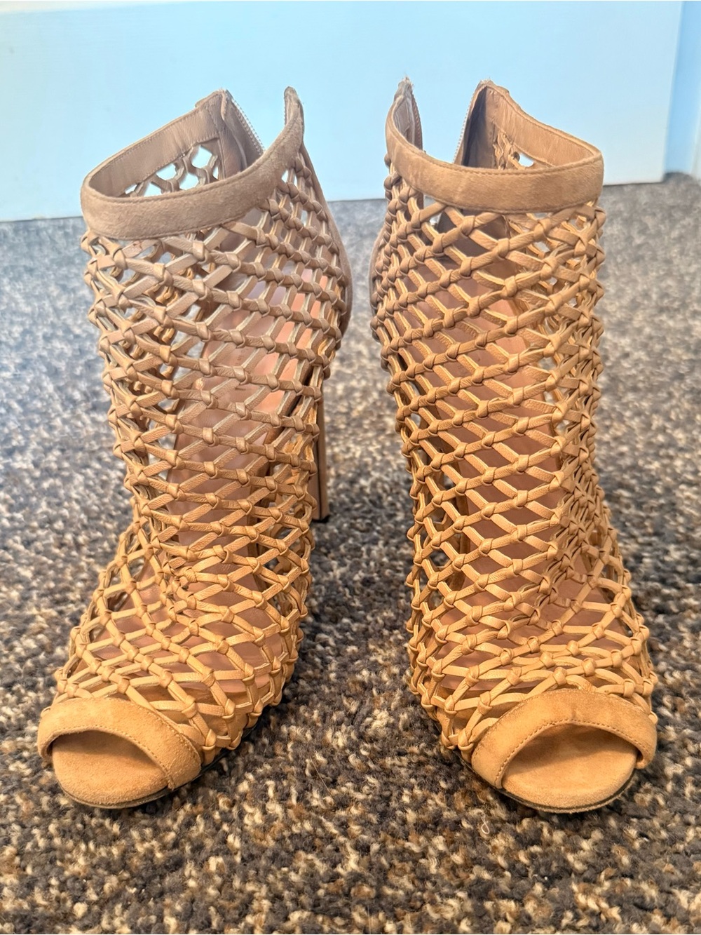 Gucci Woven Peep-Toe High Heel Ankle Boots - Tan